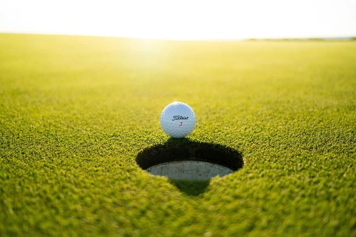 A golf ball rests near the hole