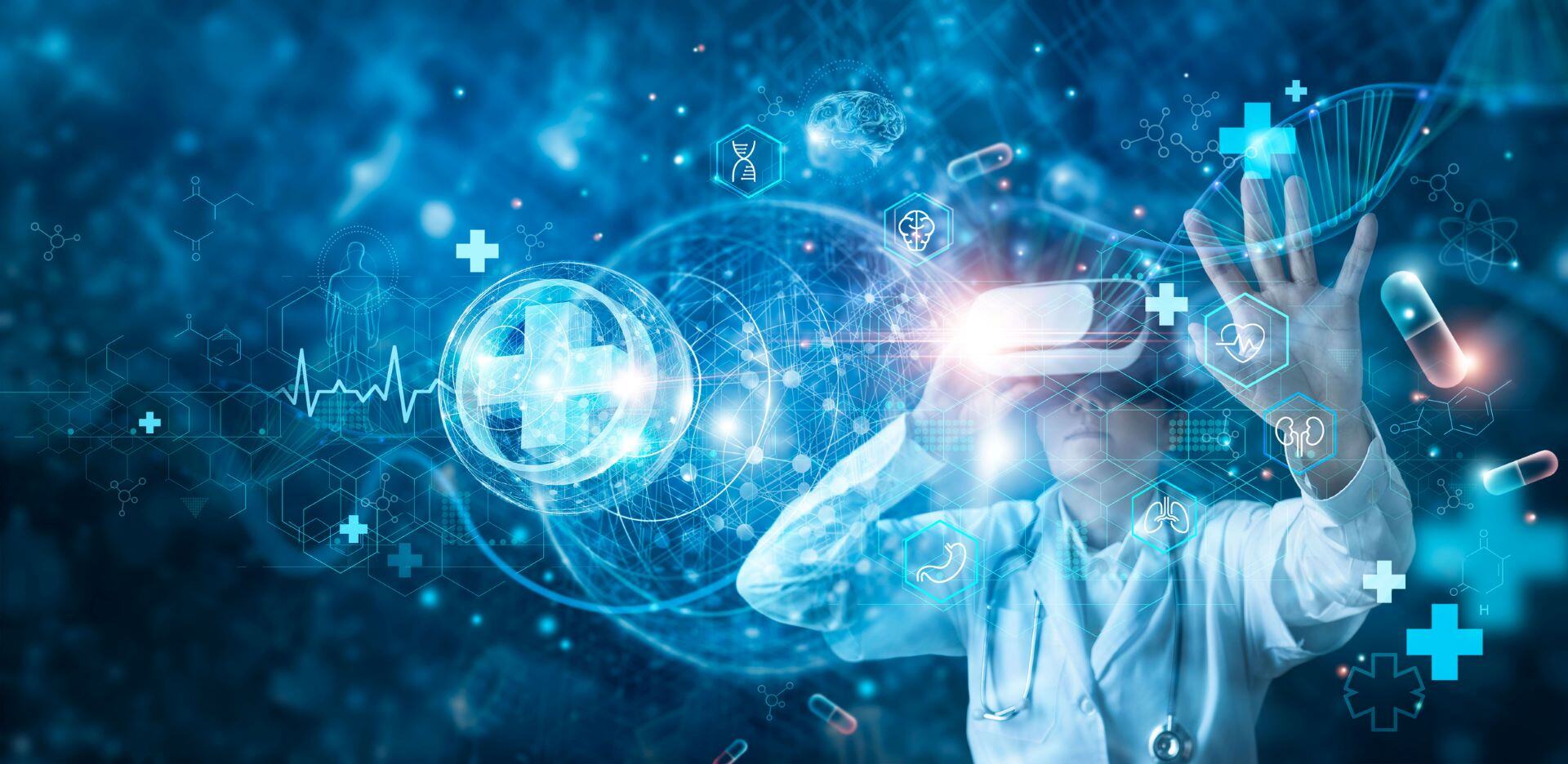 Medicine doctor wearing virtual reality glasses checking and testing result of patient